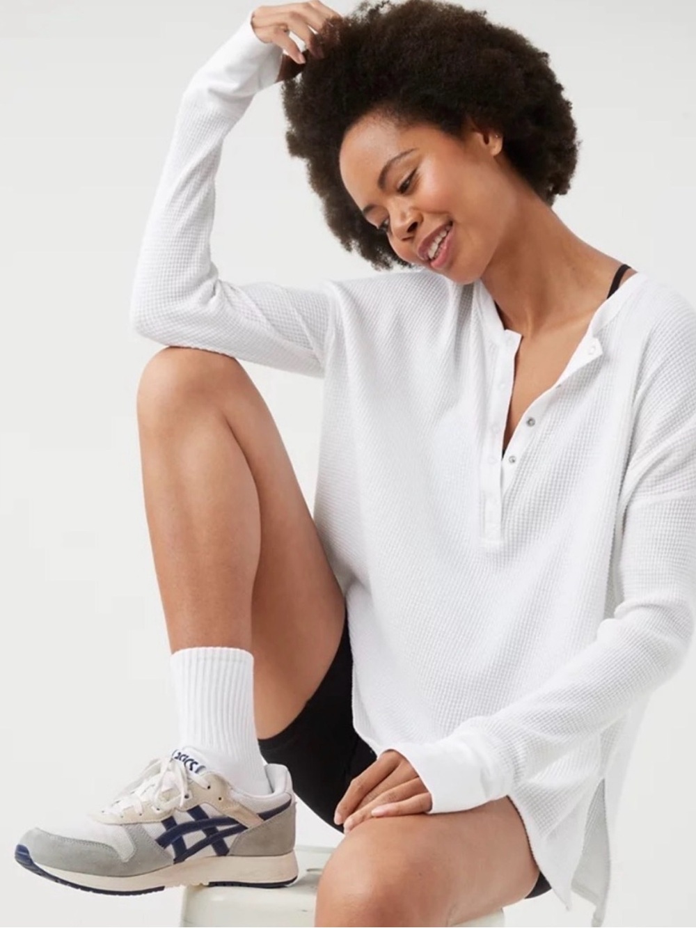 aerie White Waffle Henley Long-Sleeve Top